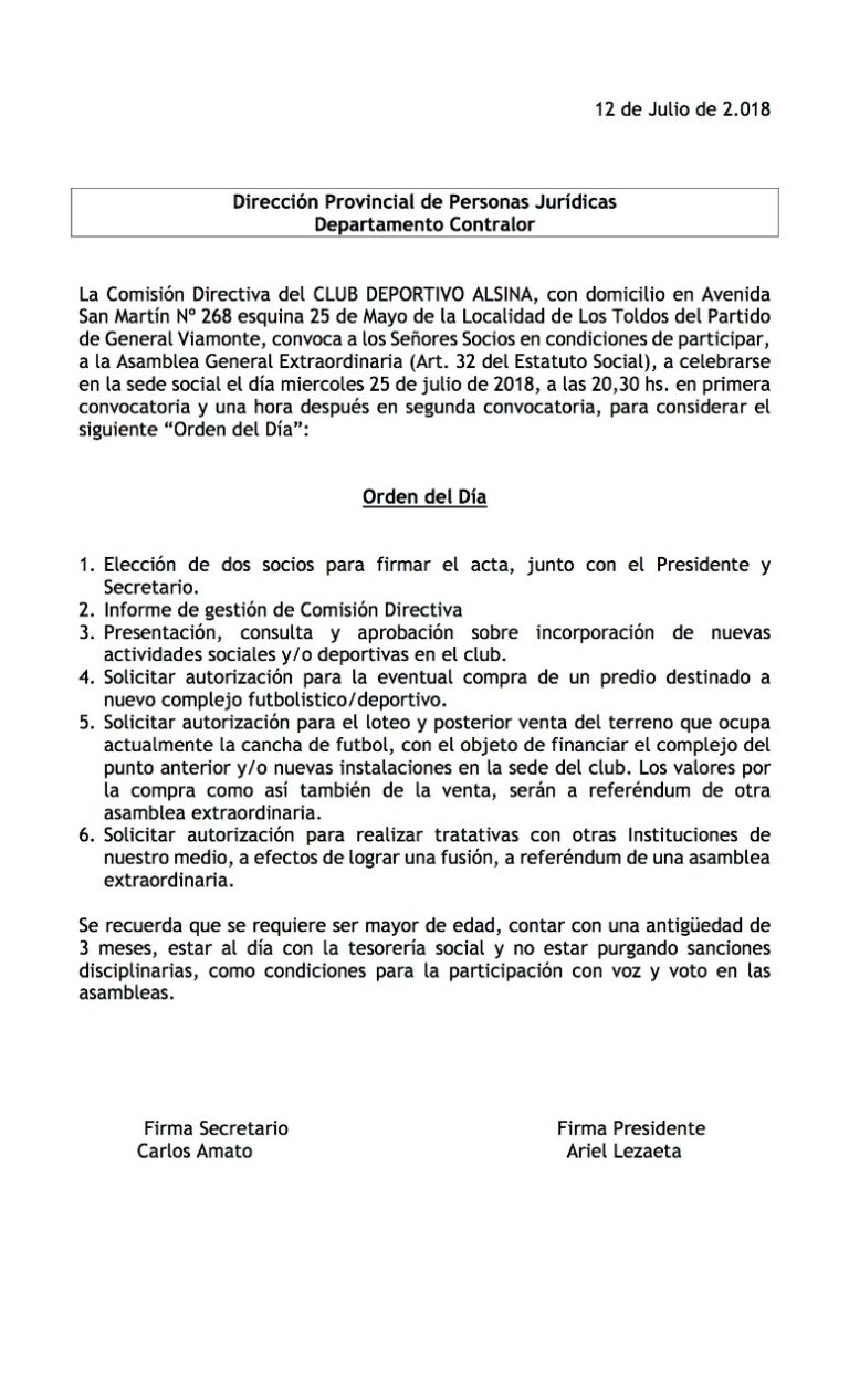 Convocatoria asamblea extraordinaria complejo deportivo