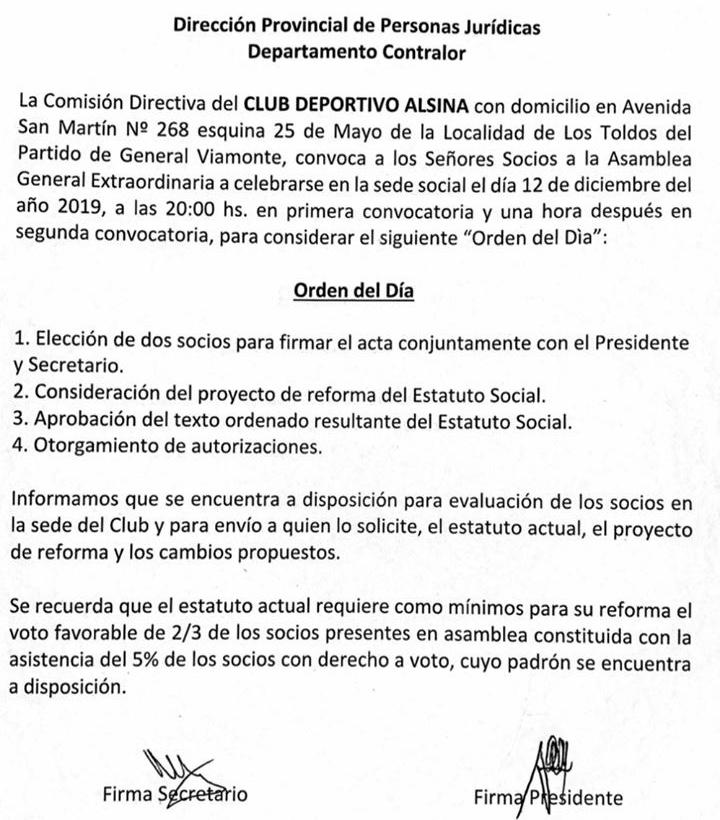 Convocatoria asamblea general extraordinaria para reforma de estatuto