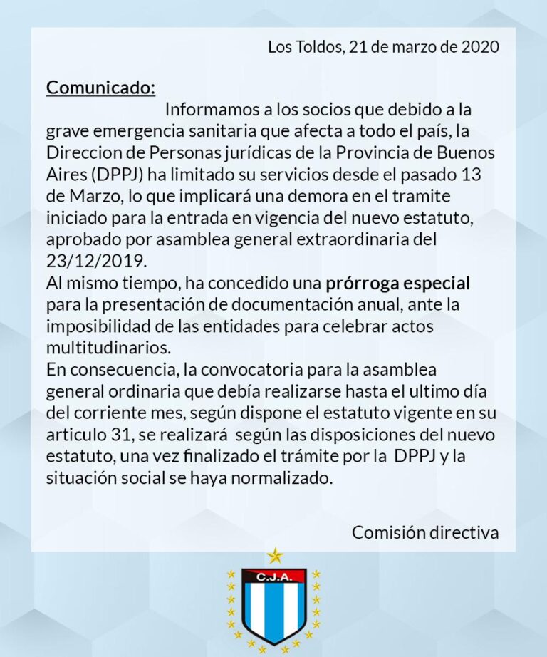 Comunicado de postergación de asamblea anual ordinaria por emergencia sanitaria