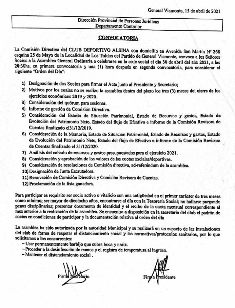 Convocatoria Asamblea General Ordinaria 30 de abril 2021